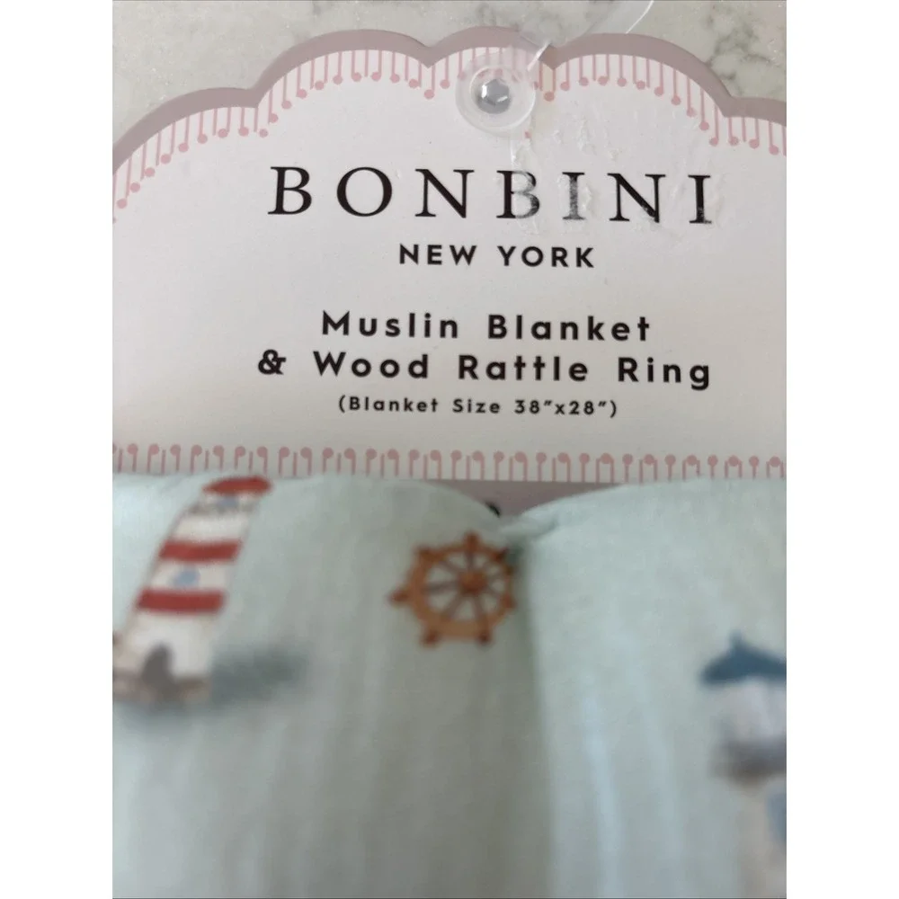 Baby Blanket Muslin Cotton Fleece Lining Sailboats Coastal Bonbini Wood Rattle